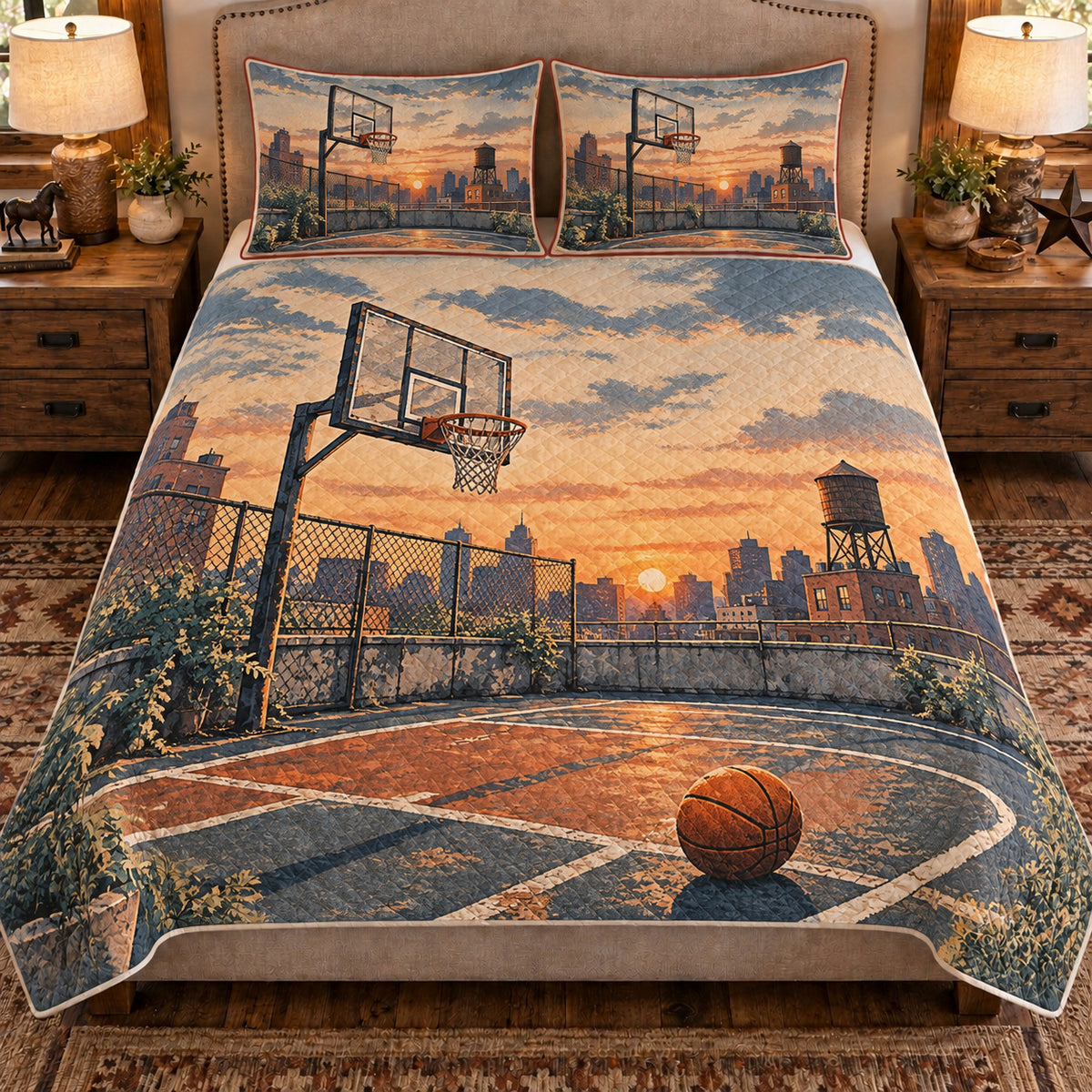 Front view AI mockup of the Basketball City Rooftop basketball quilt set with two coordinating printed pillow shams.