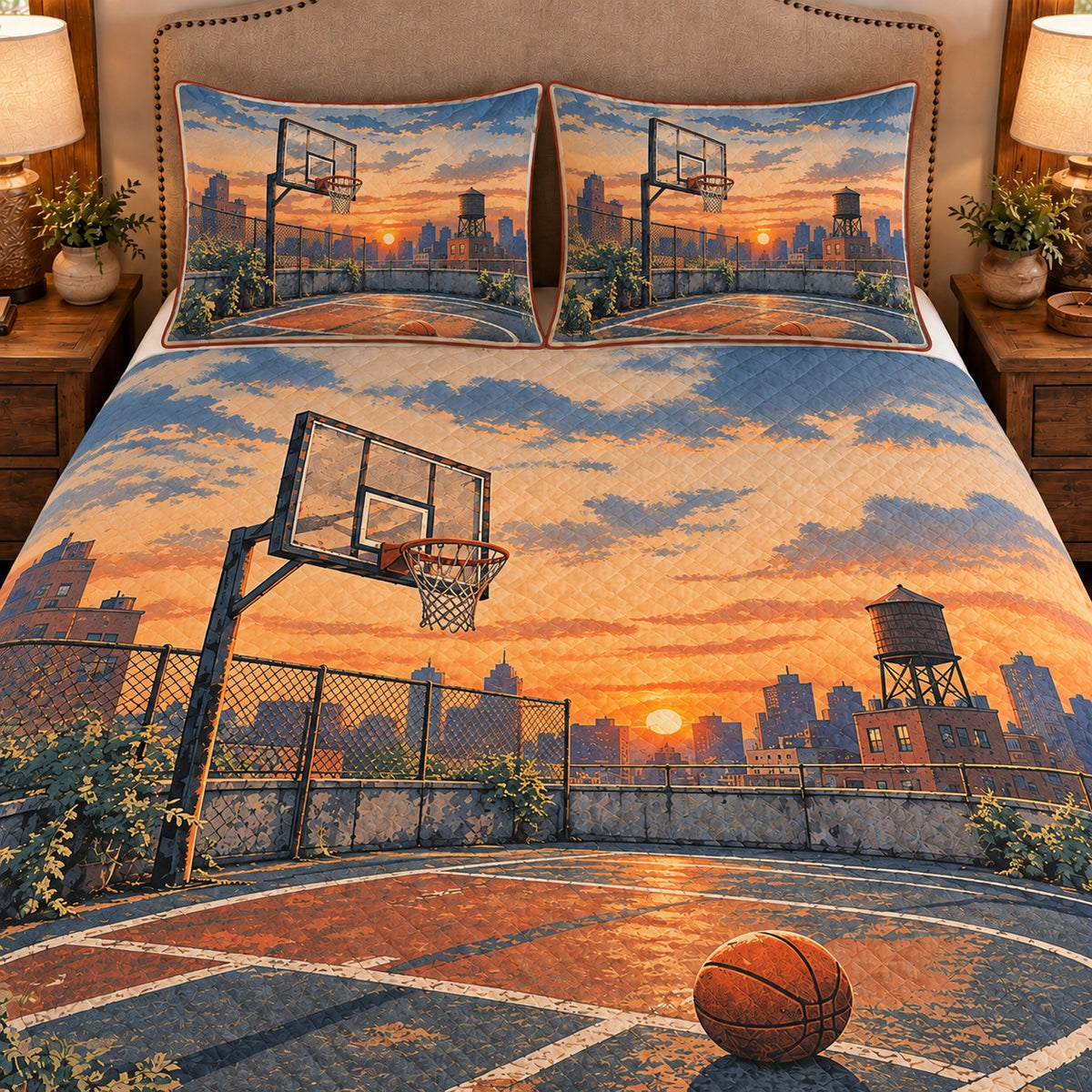 Frontal close-up view AI mockup of the Basketball City Rooftop basketball quilt set with two coordinating printed pillow shams.