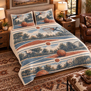 Elevated left-angle view AI mockup of the Court Corner Windows basketball quilt set with two coordinating printed pillow shams.