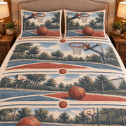 Frontal close-up view AI mockup of the Court Corner Windows basketball quilt set with two coordinating printed pillow shams.