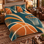 Elevated left-angle view AI mockup of the Basketball Negative Space basketball quilt set with two coordinating printed pillow shams.