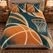 Front view AI mockup of the Basketball Negative Space basketball quilt set with two coordinating printed pillow shams.