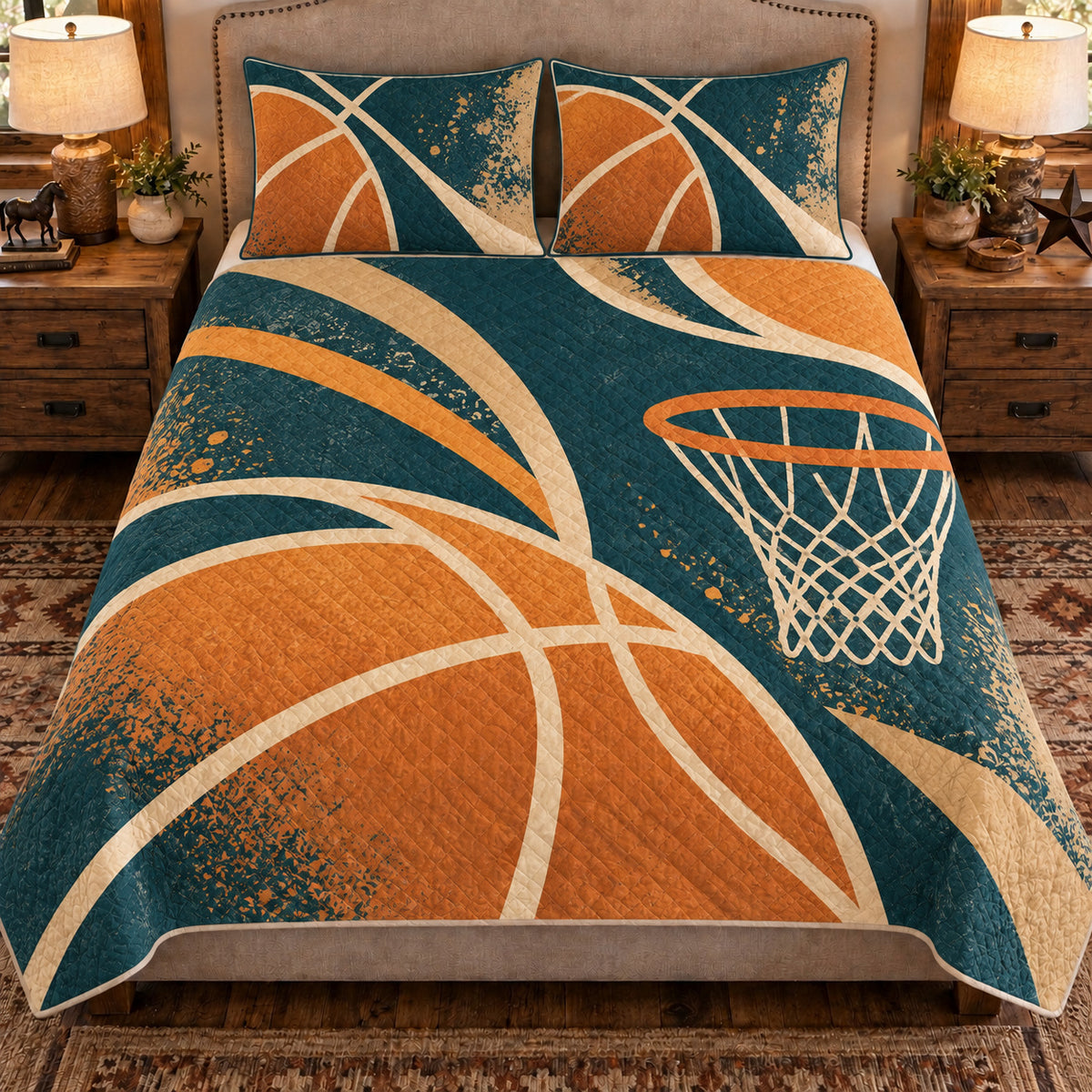 Front view AI mockup of the Basketball Negative Space basketball quilt set with two coordinating printed pillow shams.