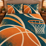 Frontal close-up view AI mockup of the Basketball Negative Space basketball quilt set with two coordinating printed pillow shams.
