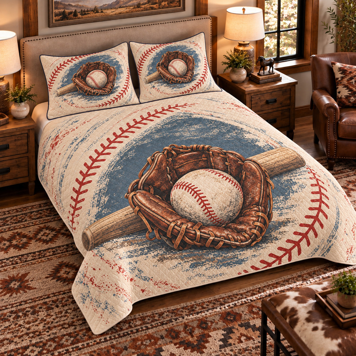 Elevated left-angle view AI mockup of the Glove and Ball Portrait baseball quilt set with two coordinating printed pillow shams.