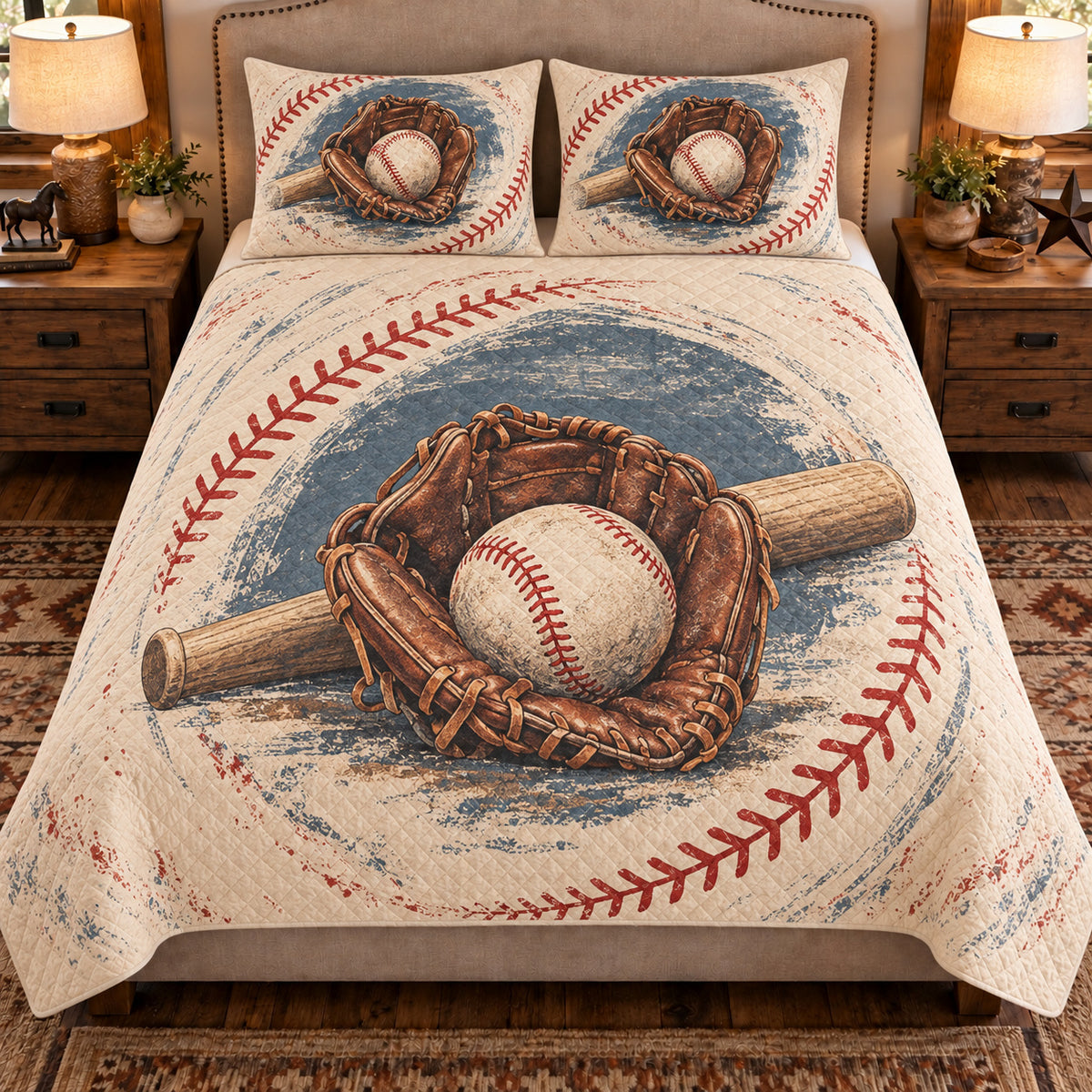 Front view AI mockup of the Glove and Ball Portrait baseball quilt set with two coordinating printed pillow shams.