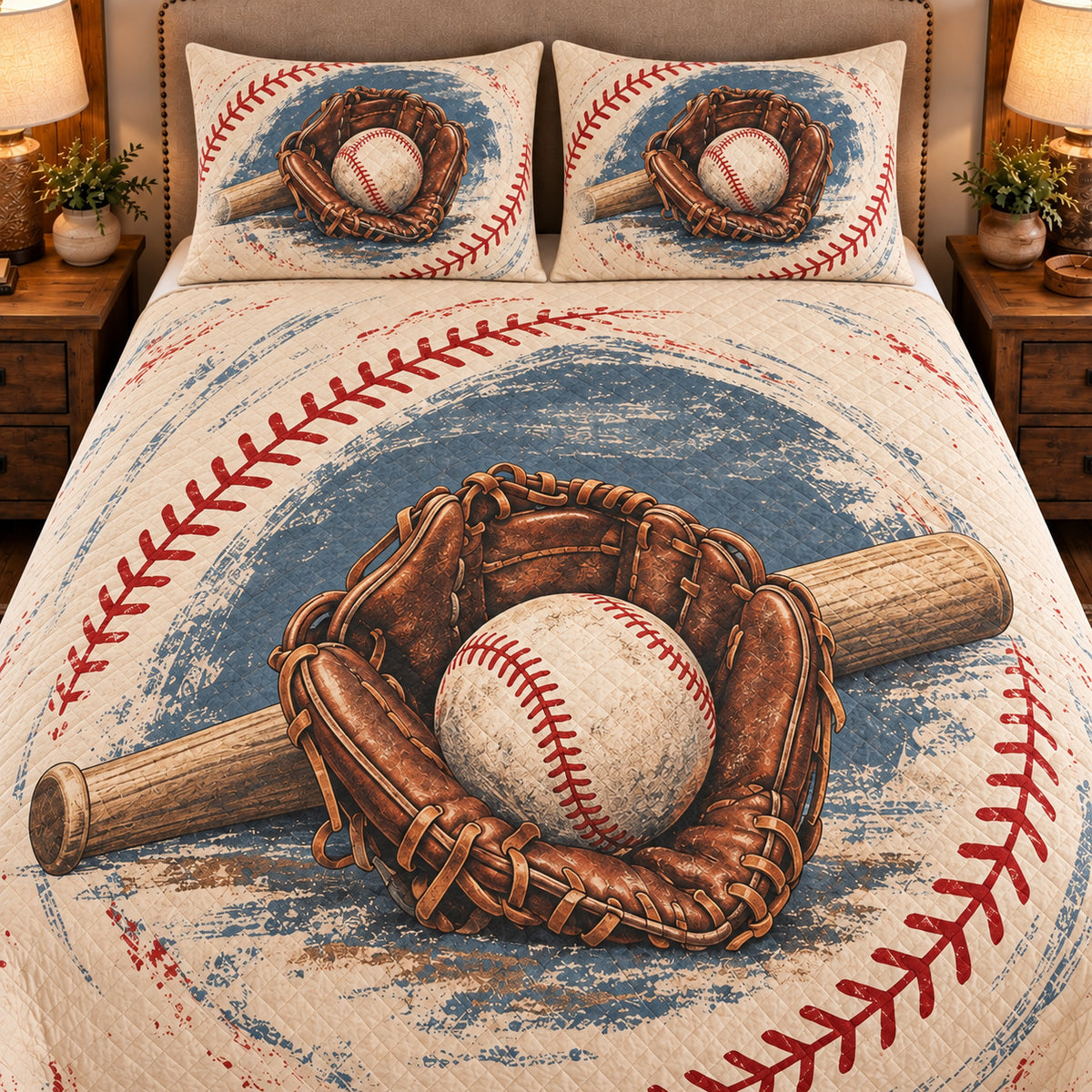 Frontal close-up view AI mockup of the Glove and Ball Portrait baseball quilt set with two coordinating printed pillow shams.
