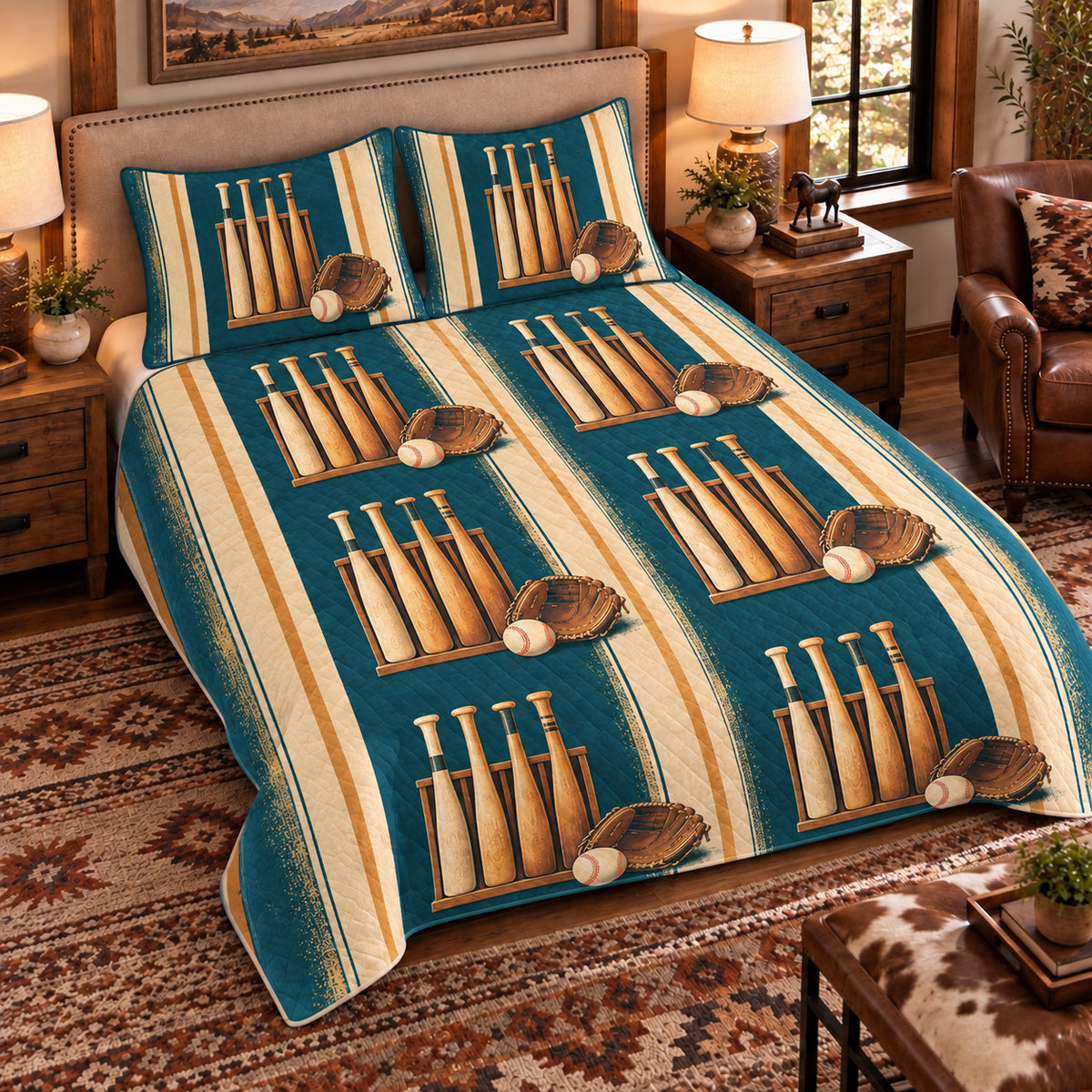 Elevated left-angle view AI mockup of the Bat Rack Morning baseball quilt set with two coordinating printed pillow shams.