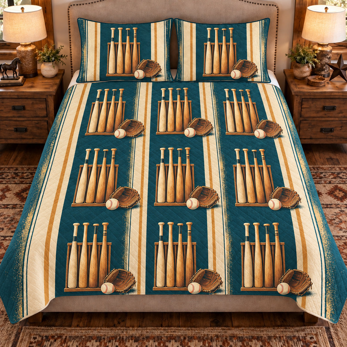 Front view AI mockup of the Bat Rack Morning baseball quilt set with two coordinating printed pillow shams.