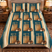 Front view AI mockup of the Bat Rack Morning baseball quilt set with two coordinating printed pillow shams.