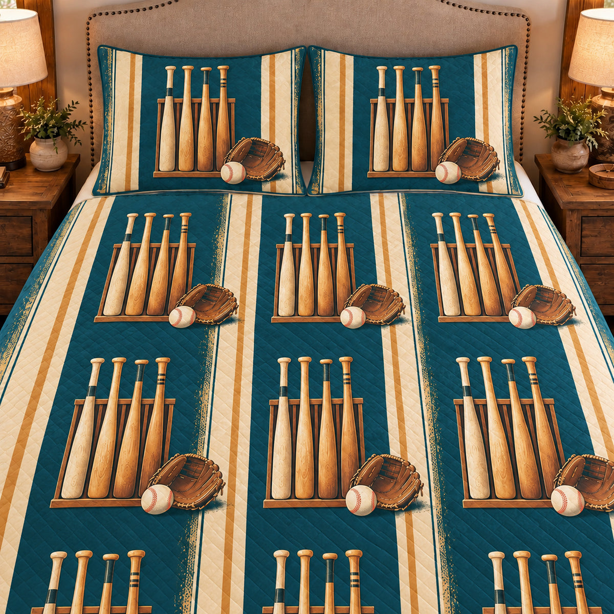 Frontal close-up view AI mockup of the Bat Rack Morning baseball quilt set with two coordinating printed pillow shams.