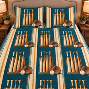 Frontal close-up view AI mockup of the Bat Rack Morning baseball quilt set with two coordinating printed pillow shams.