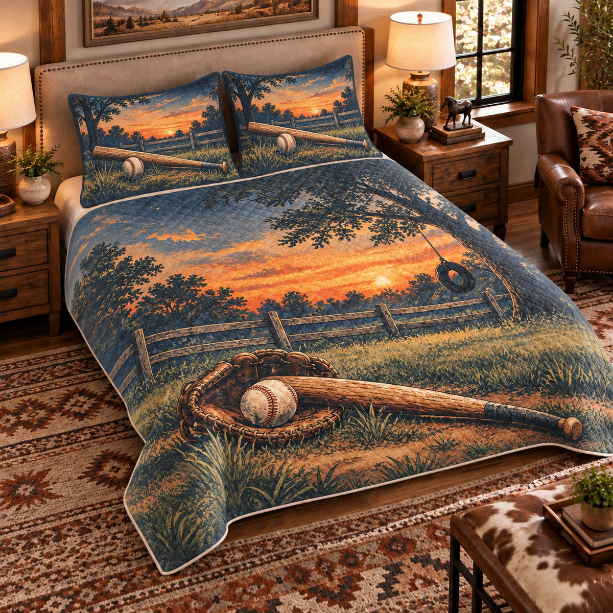 Elevated left-angle view AI mockup of the Backyard Baseball Dusk baseball quilt set with two coordinating printed pillow shams.