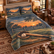 Elevated left-angle view AI mockup of the Backyard Baseball Dusk baseball quilt set with two coordinating printed pillow shams.