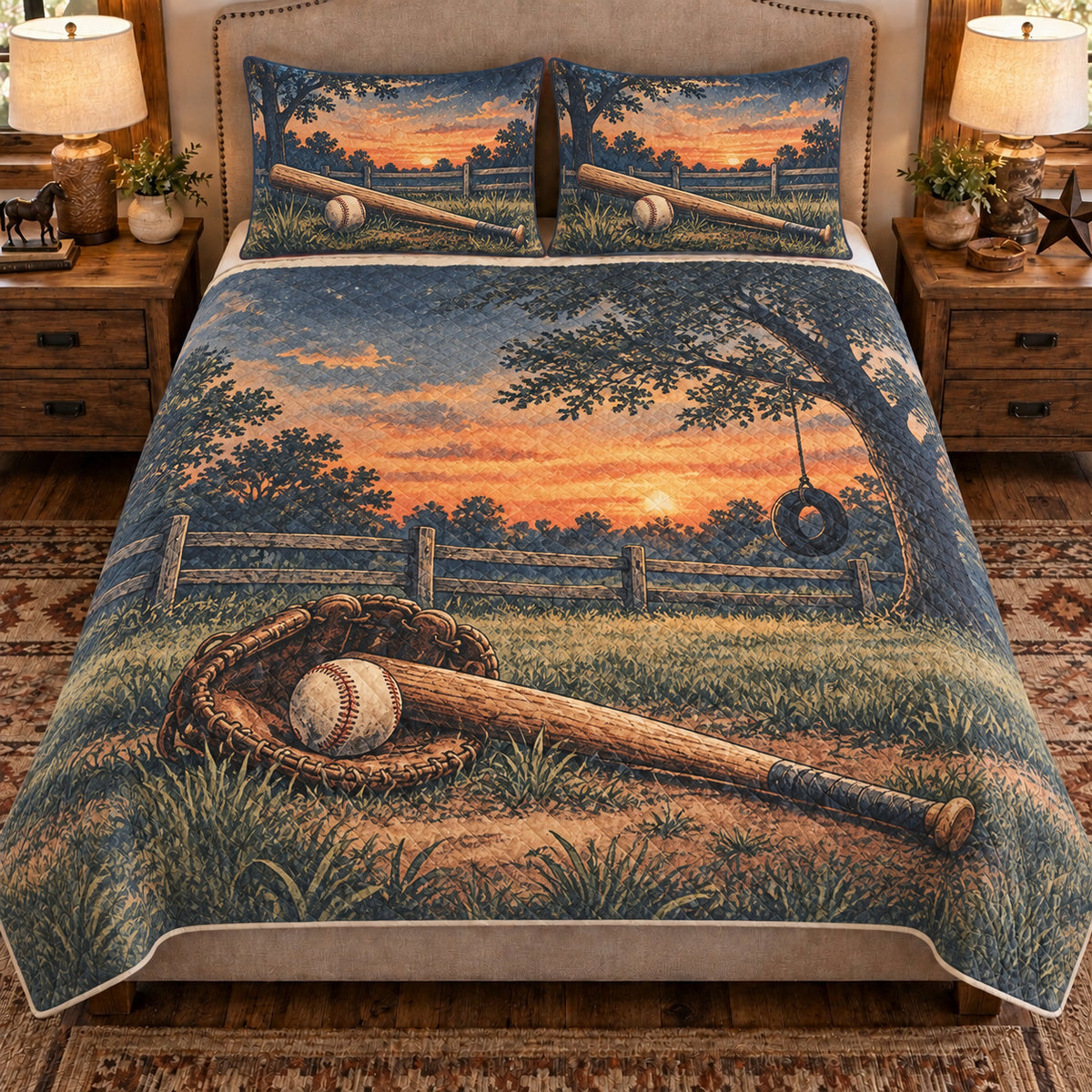Front view AI mockup of the Backyard Baseball Dusk baseball quilt set with two coordinating printed pillow shams.