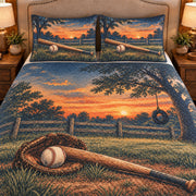 Frontal close-up view AI mockup of the Backyard Baseball Dusk baseball quilt set with two coordinating printed pillow shams.