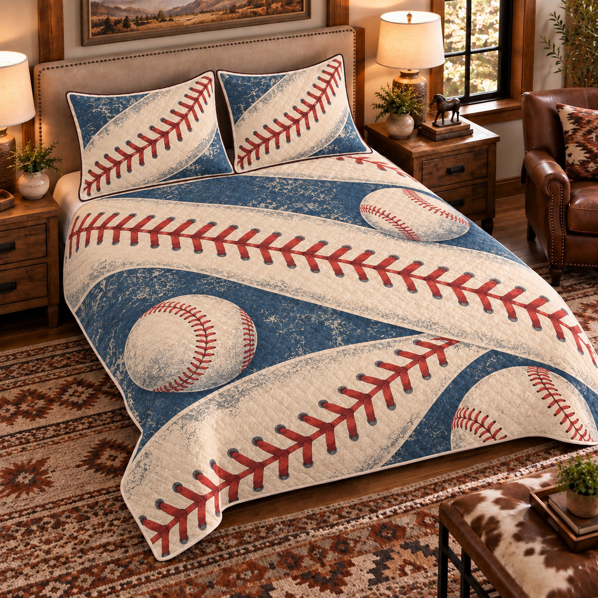 Elevated left-angle view AI mockup of the Baseball Seam Waves baseball quilt set with two coordinating printed pillow shams.