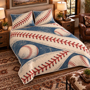 Elevated left-angle view AI mockup of the Baseball Seam Waves baseball quilt set with two coordinating printed pillow shams.