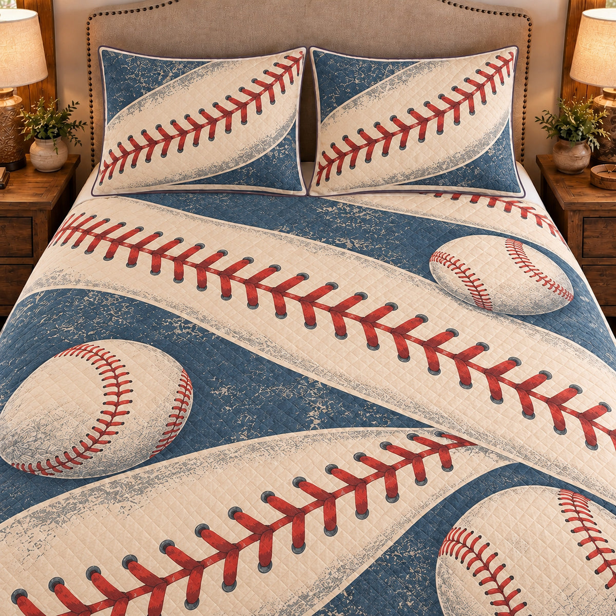 Frontal close-up view AI mockup of the Baseball Seam Waves baseball quilt set with two coordinating printed pillow shams.