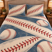 Frontal close-up view AI mockup of the Baseball Seam Waves baseball quilt set with two coordinating printed pillow shams.
