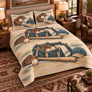 Elevated left-angle view AI mockup of the Practice Bag Essentials baseball quilt set with two coordinating printed pillow shams.