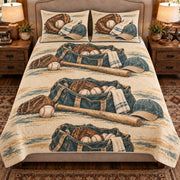 Front view AI mockup of the Practice Bag Essentials baseball quilt set with two coordinating printed pillow shams.