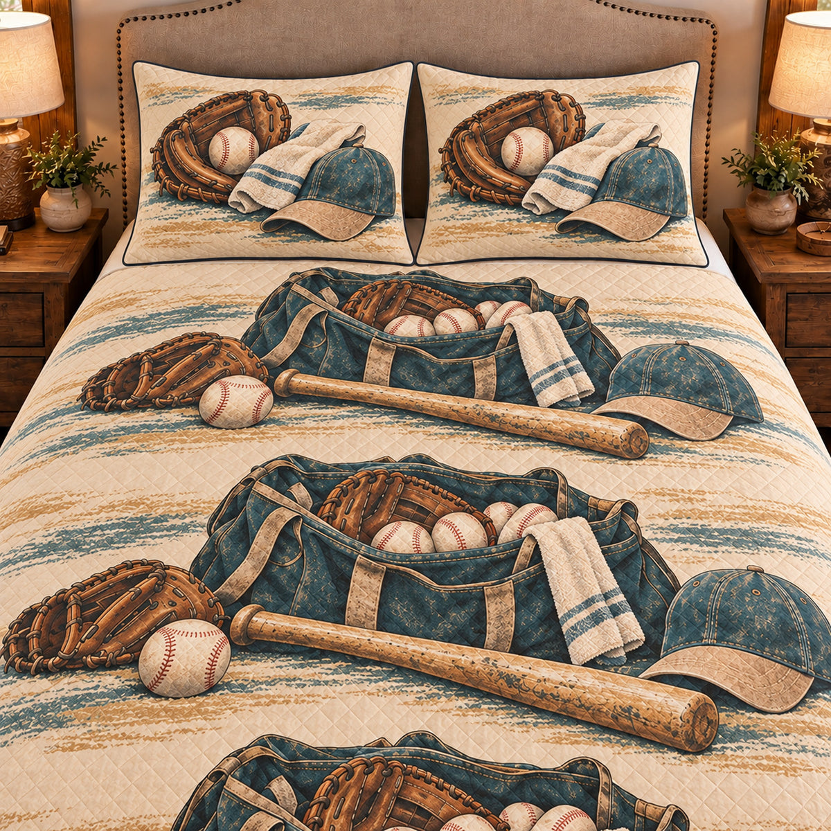Frontal close-up view AI mockup of the Practice Bag Essentials baseball quilt set with two coordinating printed pillow shams.