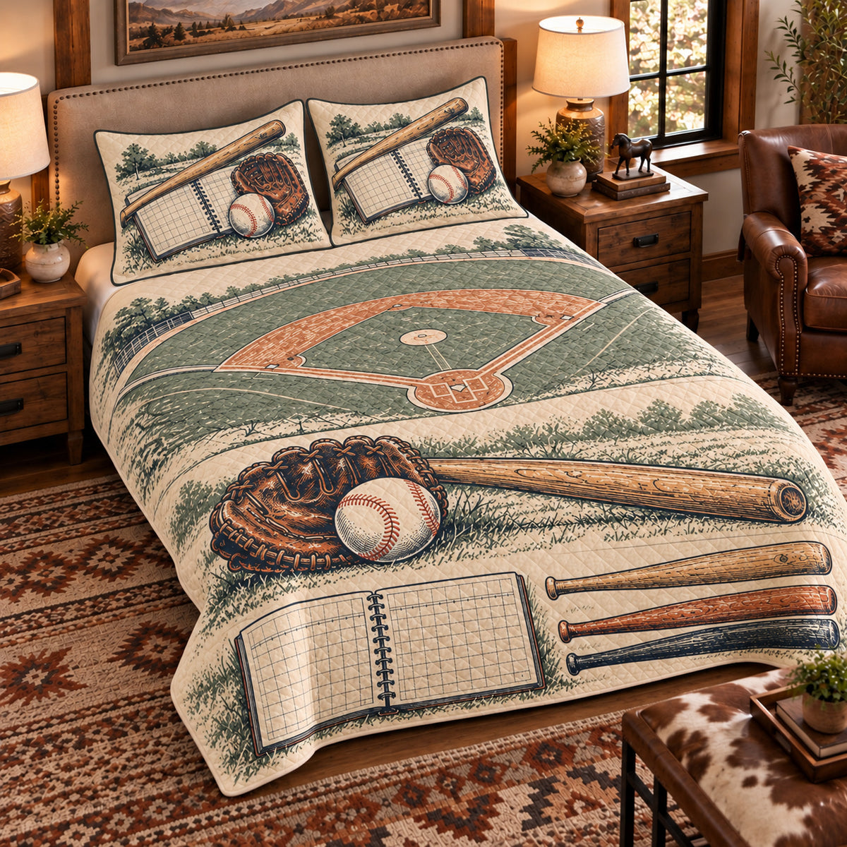 Elevated left-angle view AI mockup of the Baseball Field Notebook baseball quilt set with two coordinating printed pillow shams.