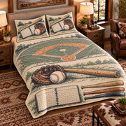 Elevated left-angle view AI mockup of the Baseball Field Notebook baseball quilt set with two coordinating printed pillow shams.