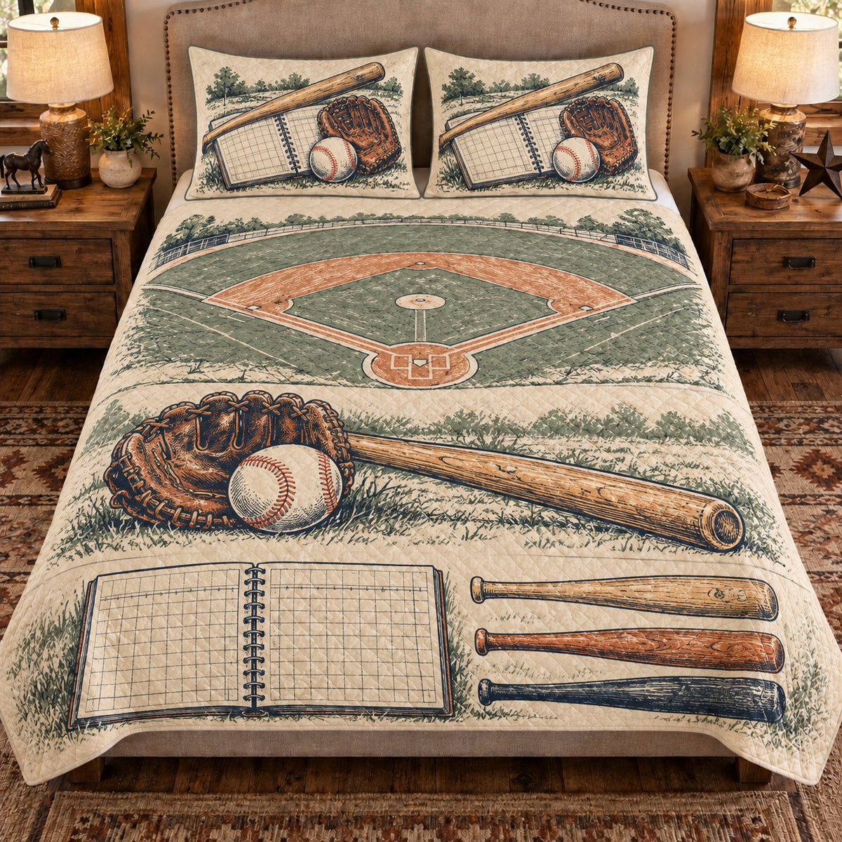 Front view AI mockup of the Baseball Field Notebook baseball quilt set with two coordinating printed pillow shams.