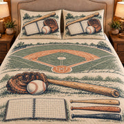 Frontal close-up view AI mockup of the Baseball Field Notebook baseball quilt set with two coordinating printed pillow shams.