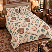 Elevated left-angle view AI mockup of the Baseball Clover Scatter baseball quilt set with two coordinating printed pillow shams.