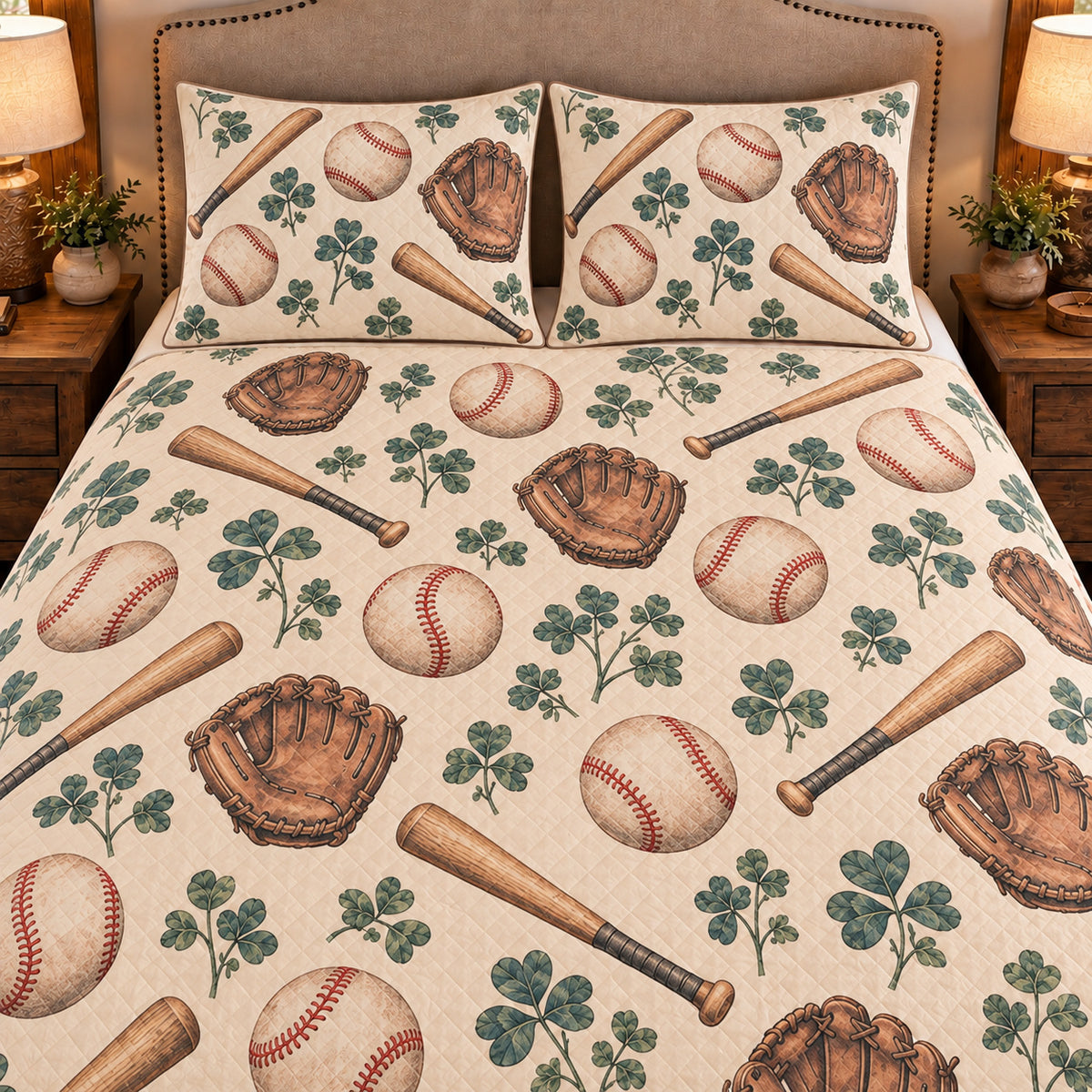 Frontal close-up view AI mockup of the Baseball Clover Scatter baseball quilt set with two coordinating printed pillow shams.
