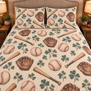 Frontal close-up view AI mockup of the Baseball Clover Scatter baseball quilt set with two coordinating printed pillow shams.