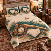Elevated left-angle view AI mockup of the Home Plate Still Life baseball quilt set with two coordinating printed pillow shams.