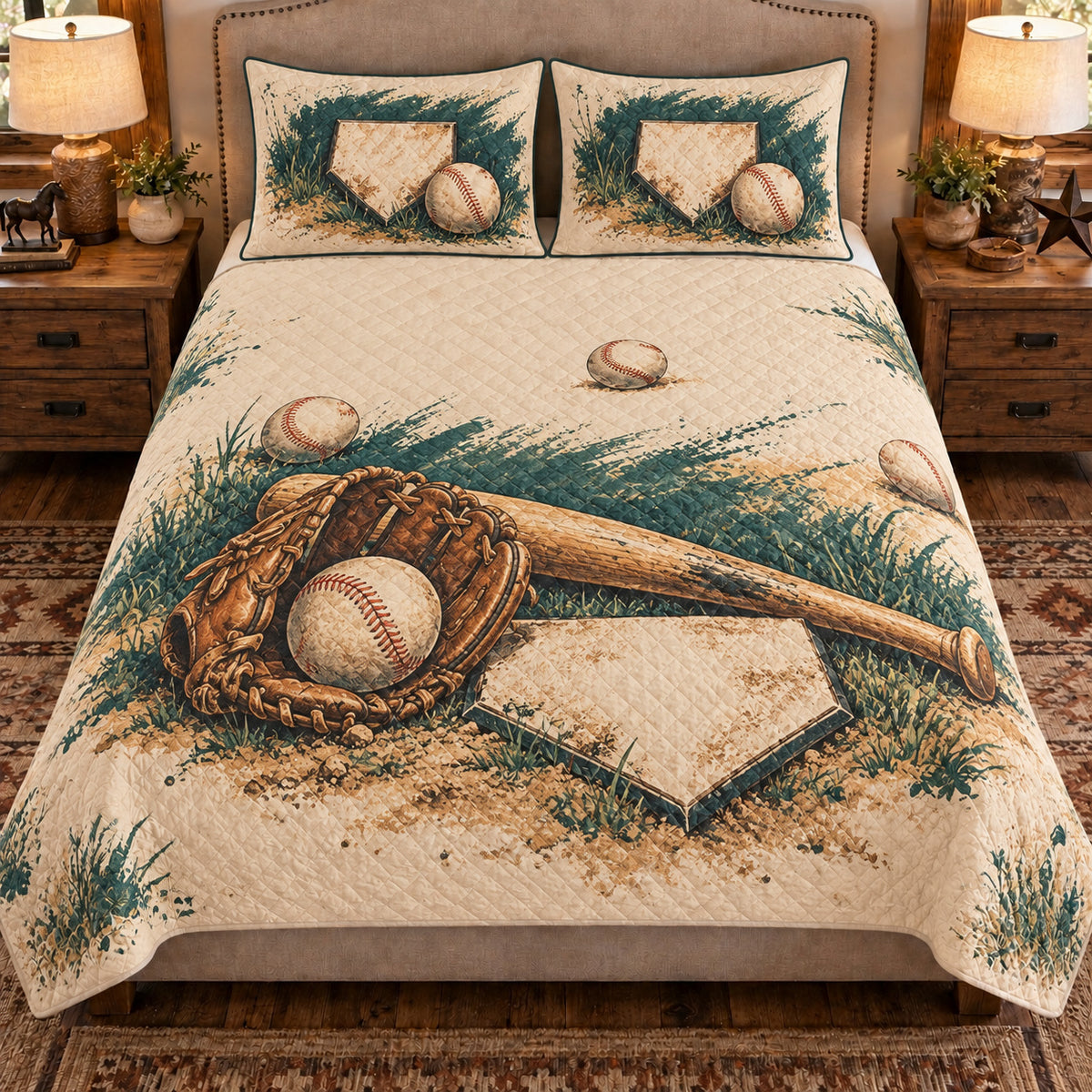 Front view AI mockup of the Home Plate Still Life baseball quilt set with two coordinating printed pillow shams.
