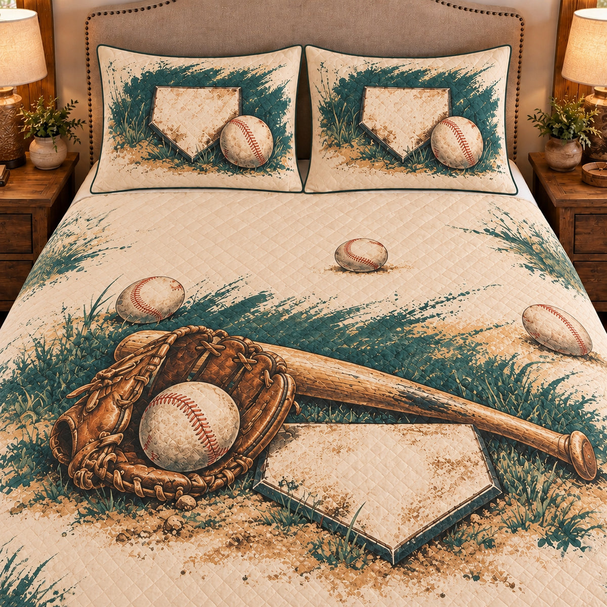 Frontal close-up view AI mockup of the Home Plate Still Life baseball quilt set with two coordinating printed pillow shams.