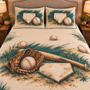 Frontal close-up view AI mockup of the Home Plate Still Life baseball quilt set with two coordinating printed pillow shams.