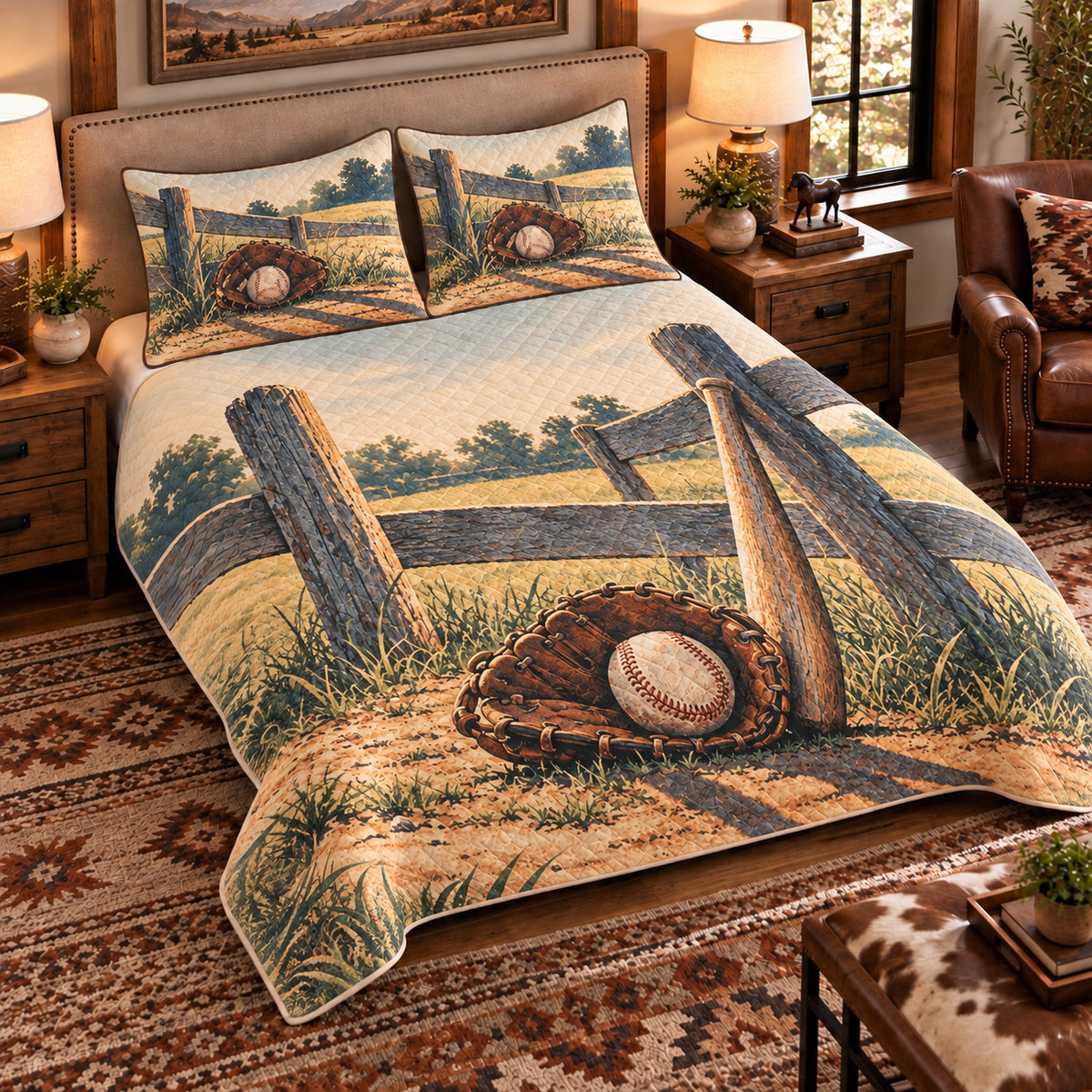 Elevated left-angle view AI mockup of the Sandlot Fence Sunlight baseball quilt set with two coordinating printed pillow shams.
