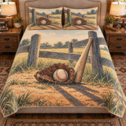 Front view AI mockup of the Sandlot Fence Sunlight baseball quilt set with two coordinating printed pillow shams.
