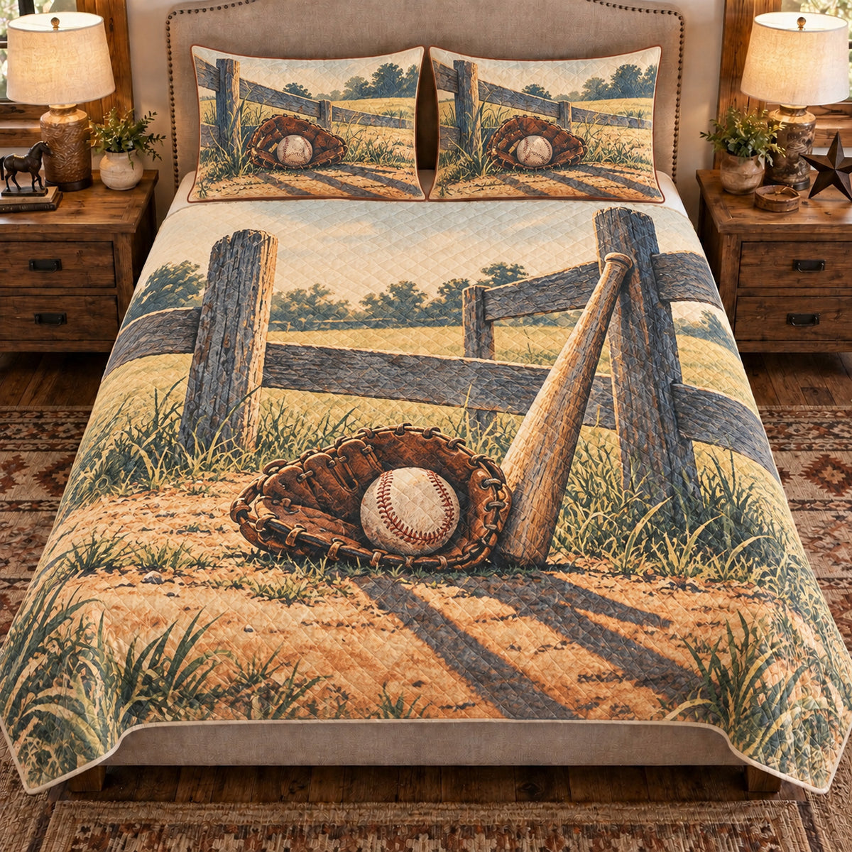Front view AI mockup of the Sandlot Fence Sunlight baseball quilt set with two coordinating printed pillow shams.