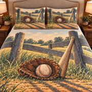 Frontal close-up view AI mockup of the Sandlot Fence Sunlight baseball quilt set with two coordinating printed pillow shams.