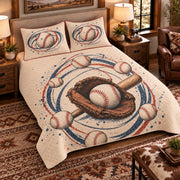 Elevated left-angle view AI mockup of the Baseball Orbit Rings baseball quilt set with two coordinating printed pillow shams.