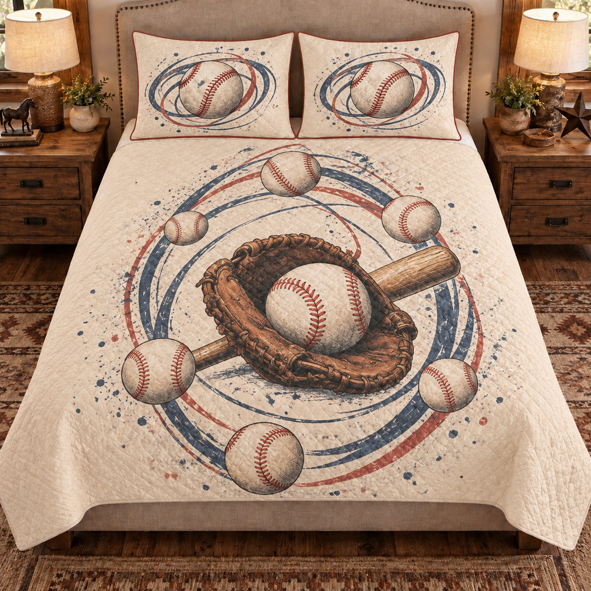 Front view AI mockup of the Baseball Orbit Rings baseball quilt set with two coordinating printed pillow shams.