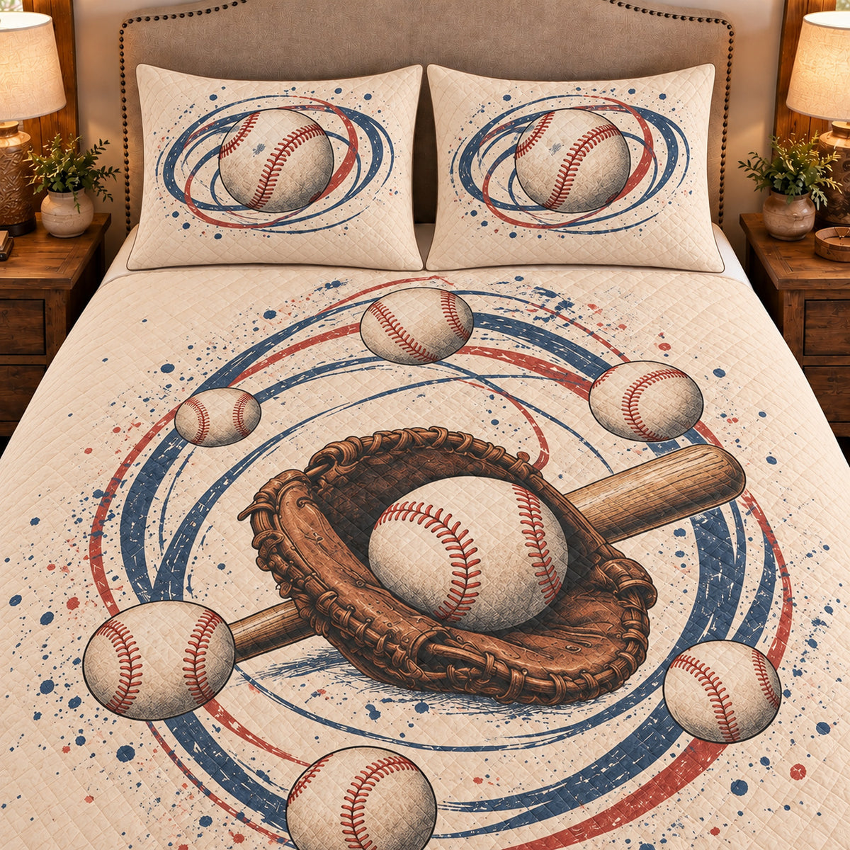 Frontal close-up view AI mockup of the Baseball Orbit Rings baseball quilt set with two coordinating printed pillow shams.