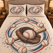 Frontal close-up view AI mockup of the Baseball Orbit Rings baseball quilt set with two coordinating printed pillow shams.
