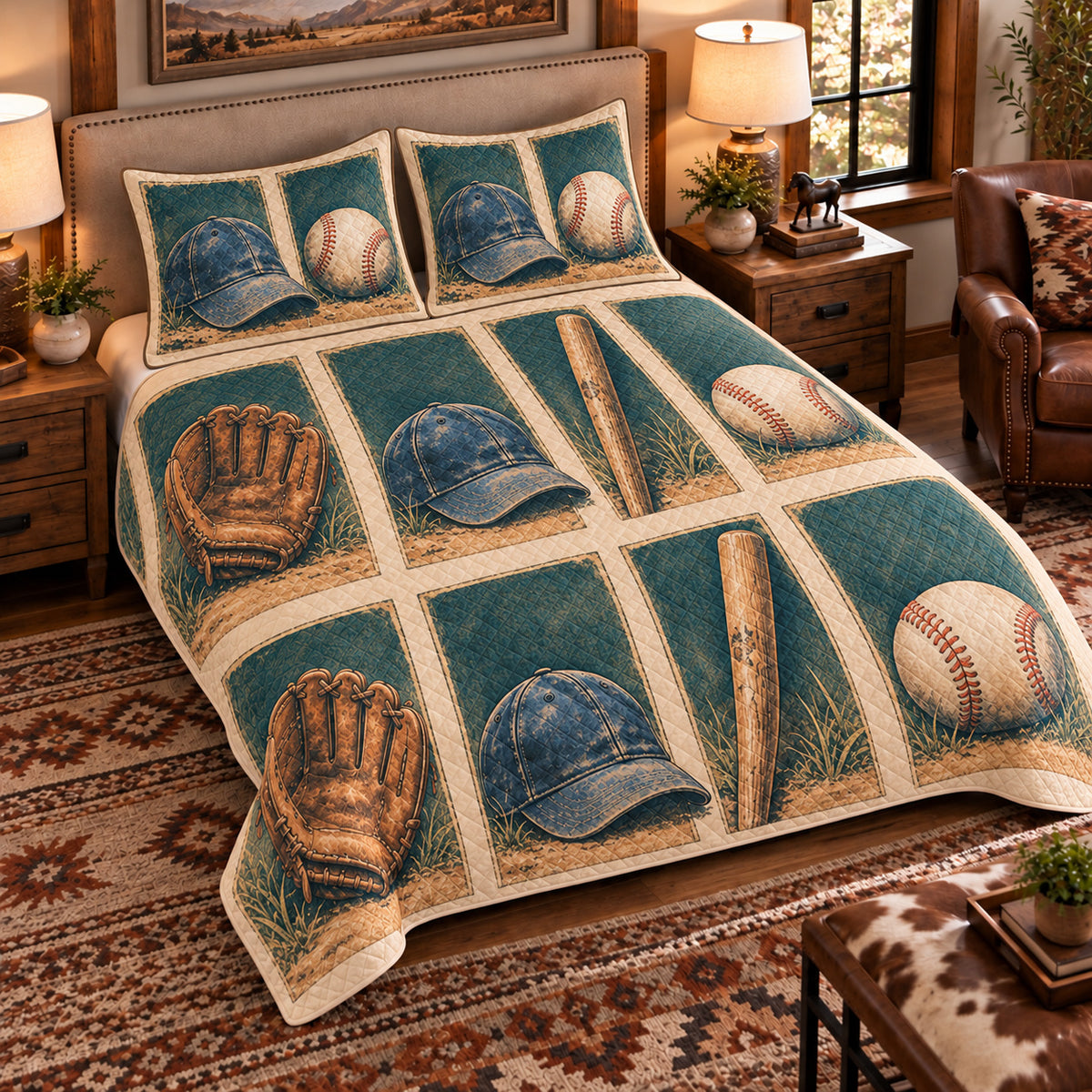 Elevated left-angle view AI mockup of the Baseball Equipment Windows baseball quilt set with two coordinating printed pillow shams.