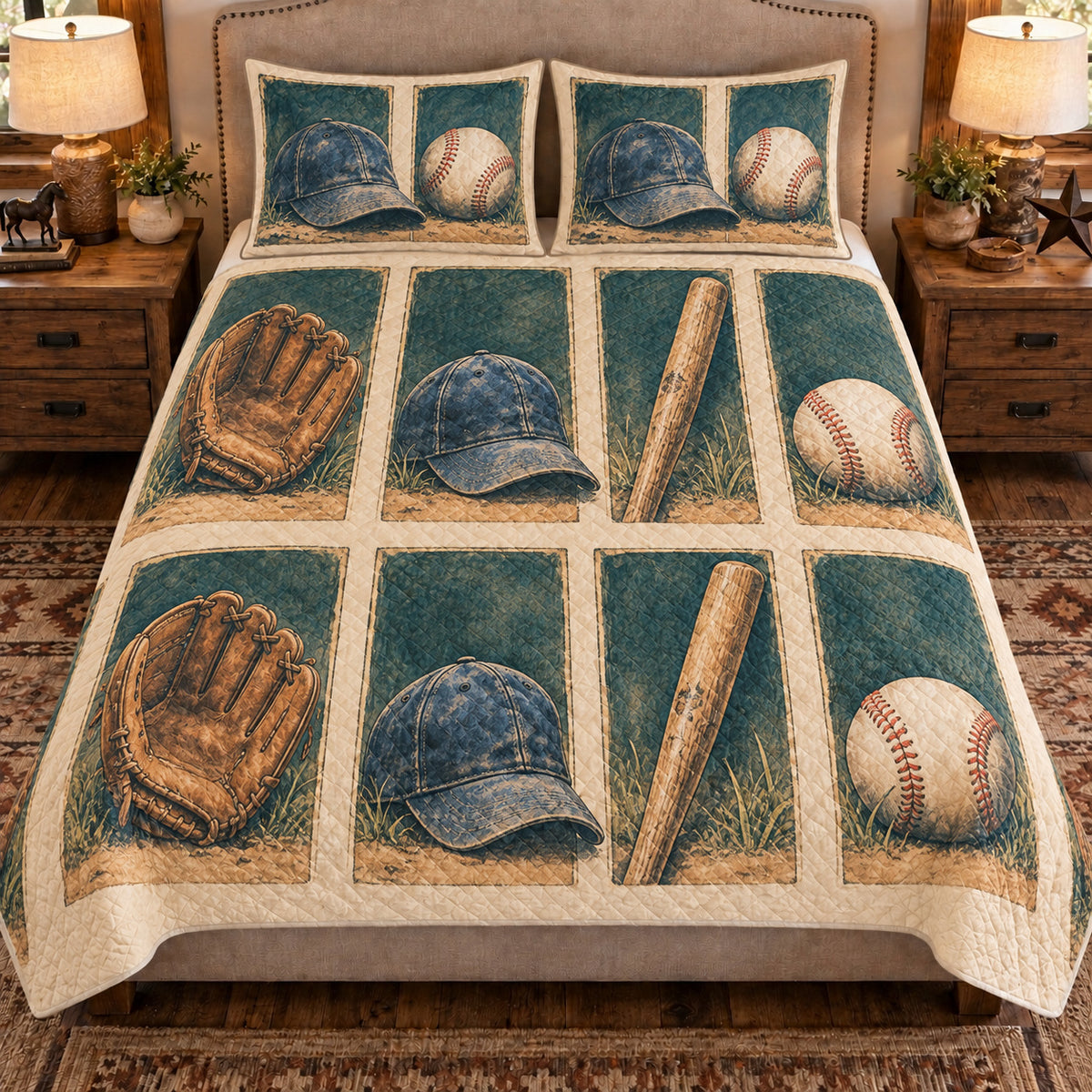Front view AI mockup of the Baseball Equipment Windows baseball quilt set with two coordinating printed pillow shams.