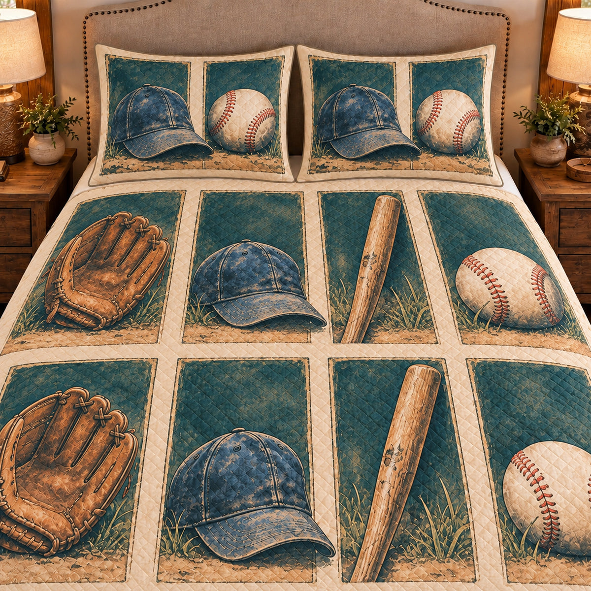 Frontal close-up view AI mockup of the Baseball Equipment Windows baseball quilt set with two coordinating printed pillow shams.