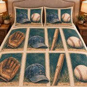 Frontal close-up view AI mockup of the Baseball Equipment Windows baseball quilt set with two coordinating printed pillow shams.